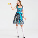Damen nan traditionelles Kurzdirndl mit Spitzenärmeln, Schnürung und floraler Schürze Drune in Blau【Oberteil + Rock + Schürze + Schleife】
