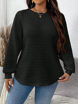 Damen nan Waffelstrick Longsleeve mit Rundhalsausschnitt, leicht A-Linien-Schnitt und gerippten Bündchen Drune in Schwarz