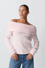 Damen nan Off-Shoulder Grobstrickpullover mit breitem Umschlagkragen und lässiger Oversize-Passform Drune in Rosa
