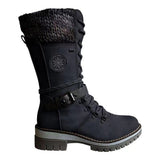 Damen nan gefütterte Schnürstiefel mit gestricktem Schaftbund, dekorativem Schnallenriemen und profilierter Gummisohle Drune in Schwarz