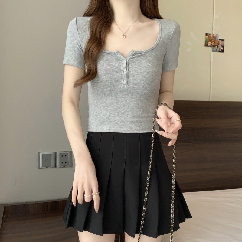 Femme Kurzarm-Henley-T-Shirt mit Knopfdetails Heidi-Mode