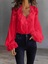 Damen Bluse Mit Langen Puffärmeln Und Spitze – Elegantes Vintage Oberteil in Rot
