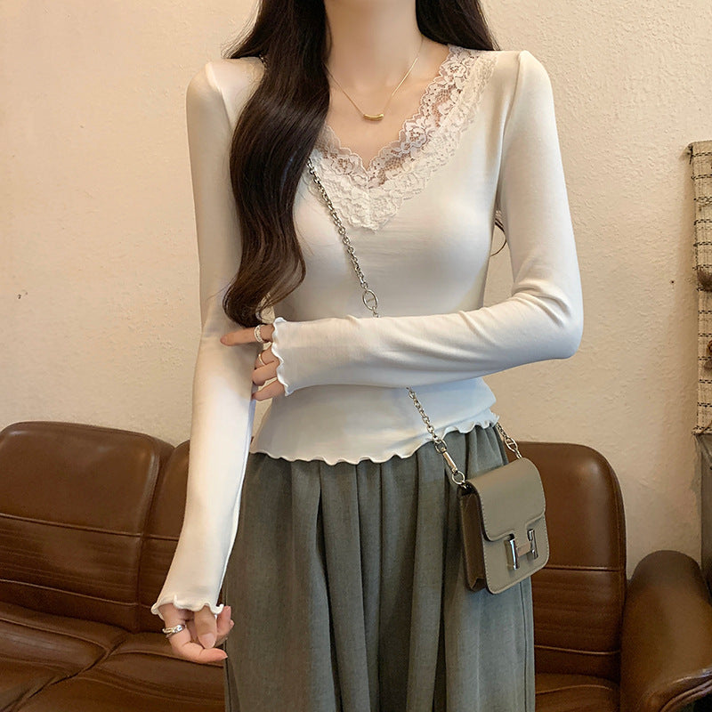 Damen Langarmspitzenbesatz V-Ausschnitt Oberteil Heidi-Mode