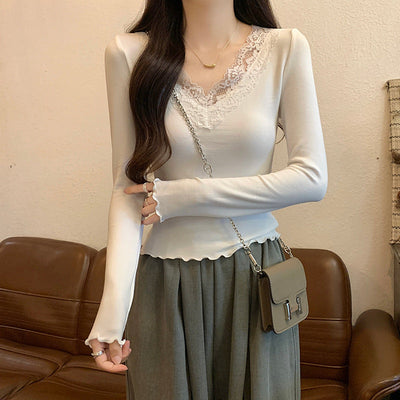 Damen Langarmspitzenbesatz V-Ausschnitt Oberteil Heidi-Mode