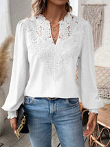Damen nan Spitzenapplikation V-Ausschnitt Bluse mit Strukturpunkt, gerafften Manschetten und leicht taillierter Silhouette Drune in Weiß