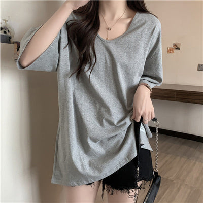 Femme Übergrößen V-Ausschnitt Baumwoll-T-Shirt Heidi-Mode