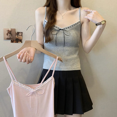 Damen Spaghetti-Träger Strickoberteil mit Schleifendetail Heidi-Mode