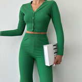 Damen Enganliegendes Crop Top Und High Waist Hosen Set – Zweiteiler Mit Knöpfen in Grün