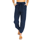 Damen nan leichte Leinenoptik Freizeit-Hose mit hohem elastischem Bund, Kordelzug, aufgesetzten Taschen und elastischen Knöchelbündchen Drune in Marineblau