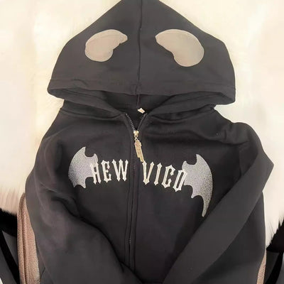 Femme Graphic Zip-Up Hoodie mit Verspieltem Fledermaus Design Heidi-Mode