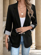 Damen nan taillierter dreiviertelarm Blazer mit Pattentaschen und umgeschlagenen Manschetten Drune in Schwarz