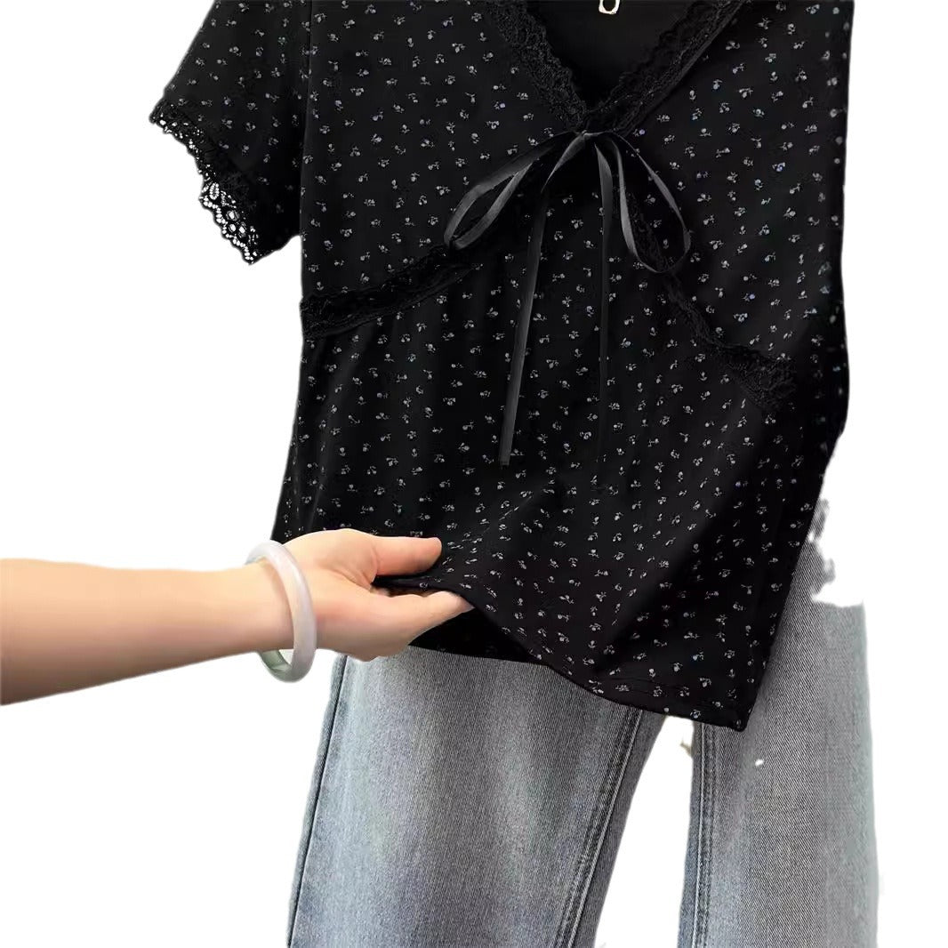 Femme Spitzenausschnitt V-Neck T-Shirt mit Bindung Heidi-Mode