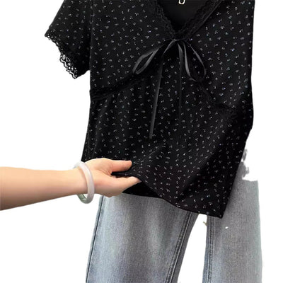 Femme Spitzenausschnitt V-Neck T-Shirt mit Bindung Heidi-Mode