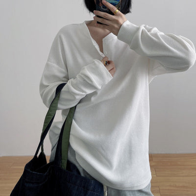 Damen Langarm Waffelstricktop mit Knopfdetail Heidi-Mode