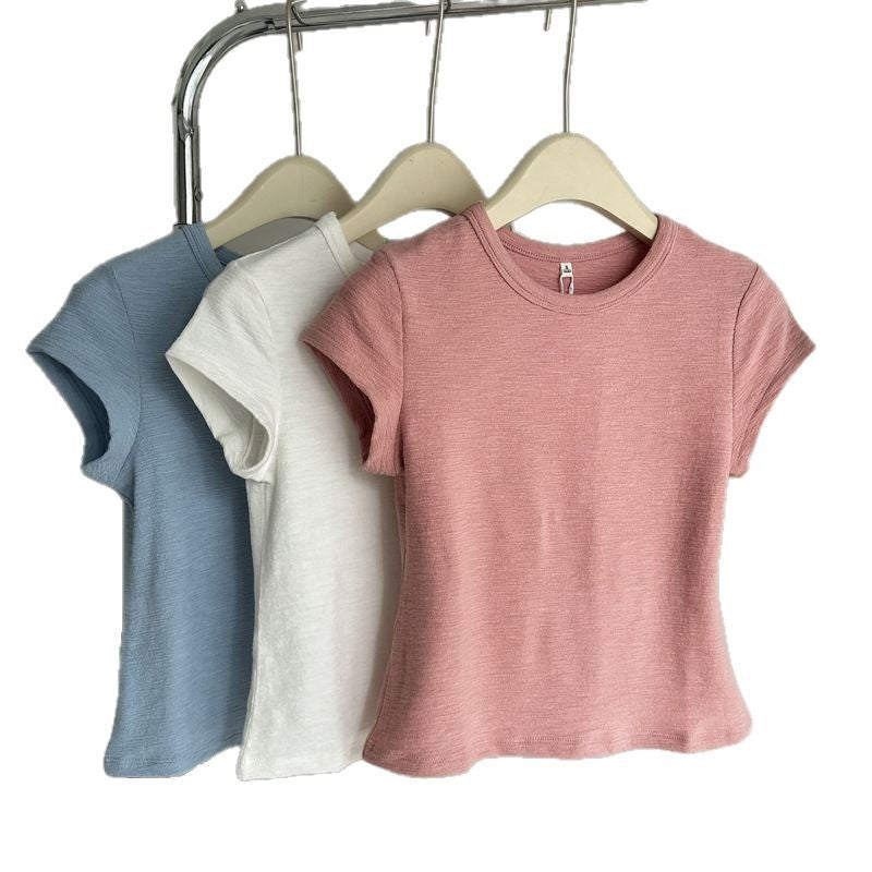 Damen Soft Cotton Kurzarm-T-Shirt mit subtiler Textur Heidi-Mode