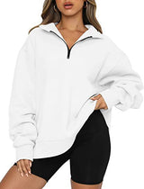 Damen nan oversized Sweatshirt mit halbem Reißverschluss, Stehkragen und überschnittener Schulter Drune in Weiß ohne Tasche