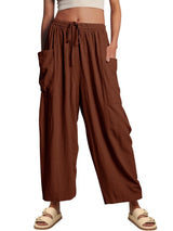 Damen nan weite Palazzohose aus leichtem Leinenmix mit Tunnelzug und seitlicher Tasche Drune in Kaffeebraun