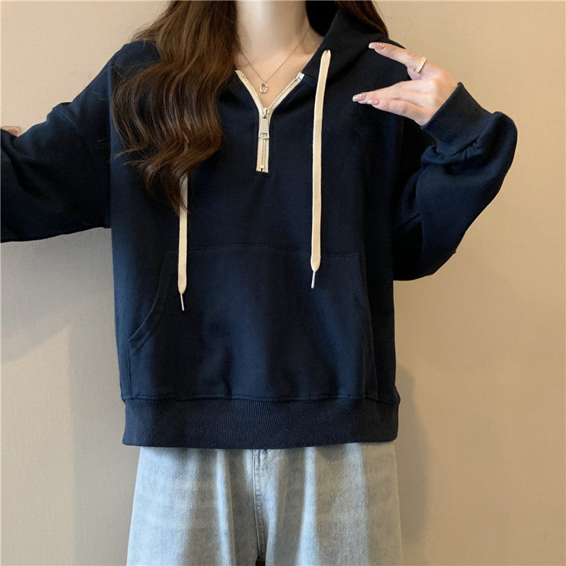 Femme Relaxed Fit Halb-Reißverschluss Pullover Hoodie Heidi-Mode