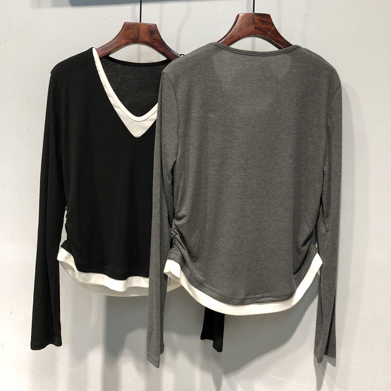 Femme Lagen V-Ausschnitt Langarmtop mit verstellbarem Seitenschnürung Heidi-Mode