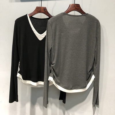 Femme Lagen V-Ausschnitt Langarmtop mit verstellbarem Seitenschnürung Heidi-Mode