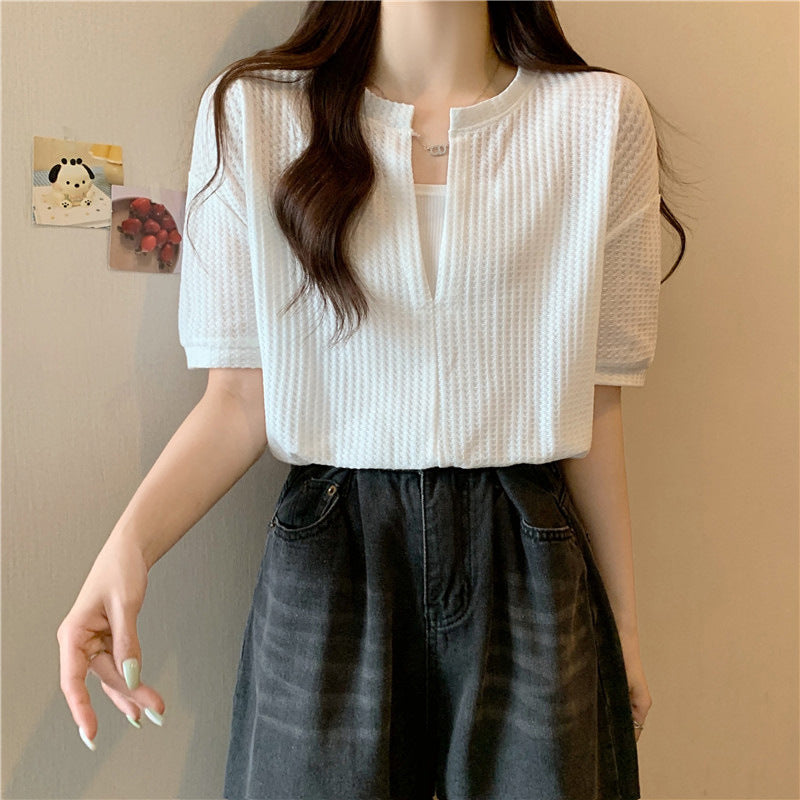 Femme Kurzarm Waffelstricktop mit Knopfdetails Heidi-Mode