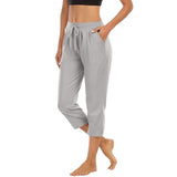 Damen nan komfortable Loungehose mit hohem Bund Tunnelzug Seitentaschen und leichtem Stretch Drune in 7/8-Hose Hellgrau