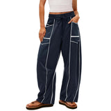Damen nan weite Lounge-Hose mit Kordelzug, Kontrastpaspelierung und Cargo-Taschen Drune in Dunkelblau