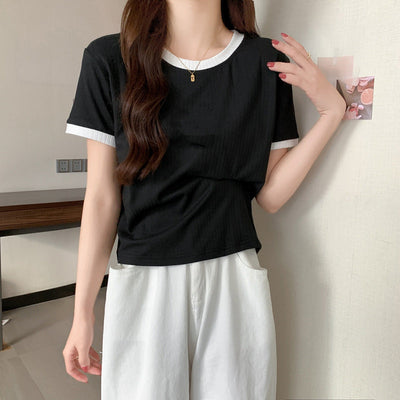 Damen Kurzarm-Ripp-T-Shirt mit Kontrastbesatz Heidi-Mode