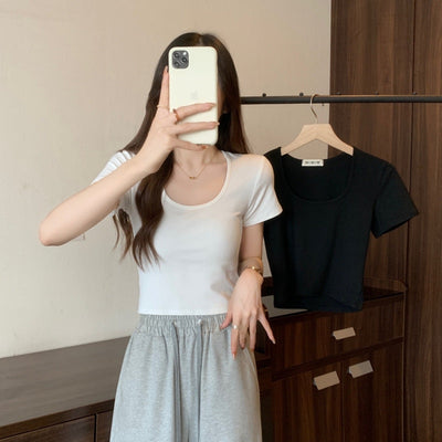 Damen Kurzarm Rundhals Crop Top Heidi-Mode