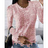 Damen nan figurbetonte Spitzenbluse mit floraler Allover-Spitze, Langarm und gezacktem Saum Drune in Pink
