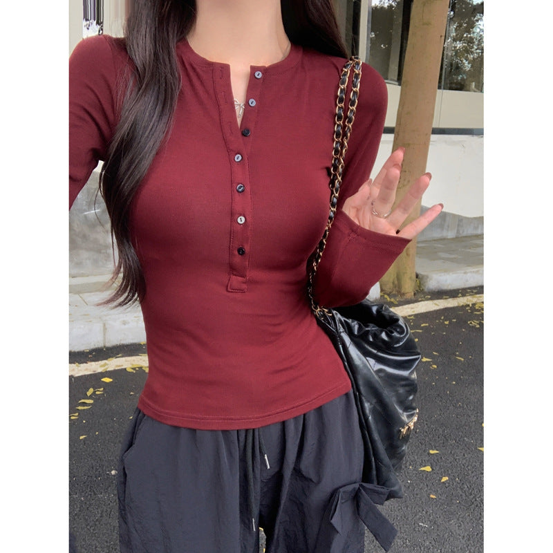 Femme Langarm-Henley-Top mit elegantem Knopfdetail Heidi-Mode