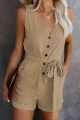 Damen Ärmelloser Knopf Playsuit – Sommer Jumpsuit Mit Gürtel in Khaki