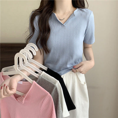 Femme Ripp Kurzarm Knopf-Oberteil Heidi-Mode