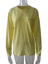 Damen nan legeres Langarmshirt mit V-Notch-Ausschnitt, Brusttasche und lockerer Oversize-Passform Drune in Gelb - mit Tasche, Langarm