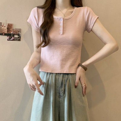 Femme Kurzarmangepasster Henley-Top mit Knopfdetails Heidi-Mode