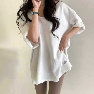 Damen Oversized Rundhalsausschnitt Freizeitoberteil mit umgeschlagenen Ärmeln Heidi-Mode