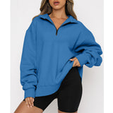 Damen nan oversized Sweatshirt mit halbem Reißverschluss, Stehkragen und überschnittener Schulter Drune in Blau - ohne Tasche