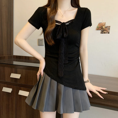 Femme Spitzen Detail Bindefront Oberteil Heidi-Mode