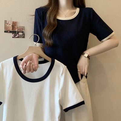 Damen Kurzarm T-Shirt mit Kontrastbesatz Heidi-Mode