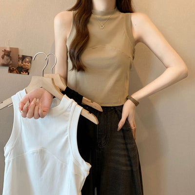 Damen High-Neck Cropped Tanktop mit sportlichen Nähten Heidi-Mode