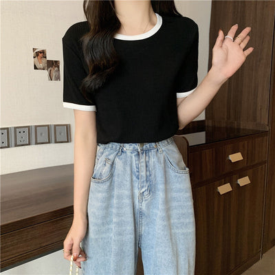 Damen Ripp T-Shirt mit kurzen Ärmeln und Kontrastbesatz Heidi-Mode