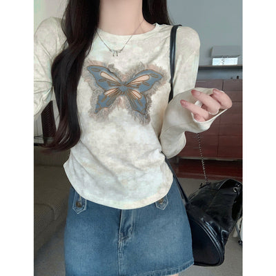 Damen Langarm-Schmetterlingsgrafik-Oberteil mit fransigen Details Heidi-Mode