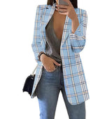 Damen nan taillierter Karoblazer Longline mit strukturierter Schulterpartie und offener Front Drune in Hellblau