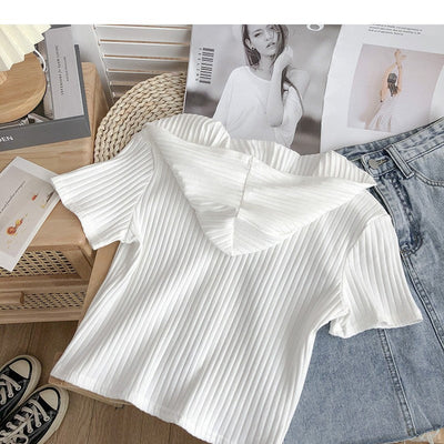 Damen Kurzarm Kapuzen Zip-Up Oberteil mit Ripptextur Heidi-Mode