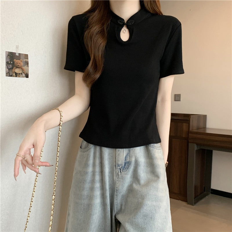 Femme Kurzarm-T-Shirt mit Schlüsselloch-Ausschnitt und dekorativem Bogen Heidi-Mode