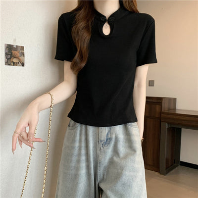 Femme Kurzarm-T-Shirt mit Schlüsselloch-Ausschnitt und dekorativem Bogen Heidi-Mode