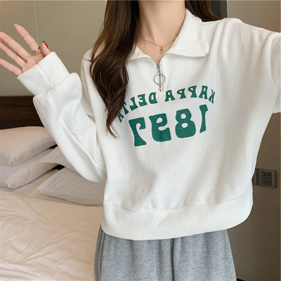 Femme Halb-Reißverschluss Freizeit Pullover Sweatshirt mit Vintage-Druck Heidi-Mode