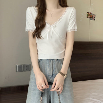 Damen Spitzenbesetztes V-Ausschnitt-Oberteil mit Schleifendetail Heidi-Mode