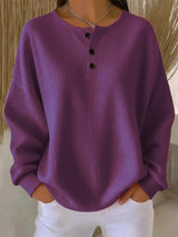 Damen nan Oversized Waffelstrick Henley-Pullover mit Knopfleiste und abgerundetem Saum Drune in Dunkelviolett