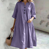 Damen nan locker fallendes A-Linien Kleid mit V-Ausschnitt-Knopfleiste, 3/4-Ärmeln und aufgesetzten Eingrifftaschen Drune in Violett